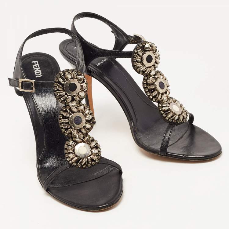 مملوكة مسبقًا Fendi Black Leather Crystal Embellished Ankle Strap Sandals Size 38.5
