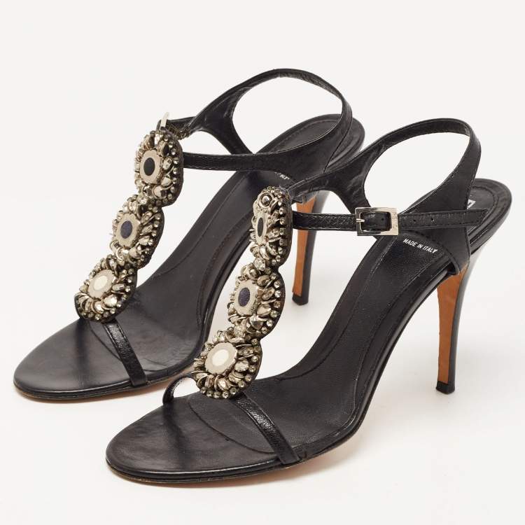 مملوكة مسبقًا Fendi Black Leather Crystal Embellished Ankle Strap Sandals Size 38.5
