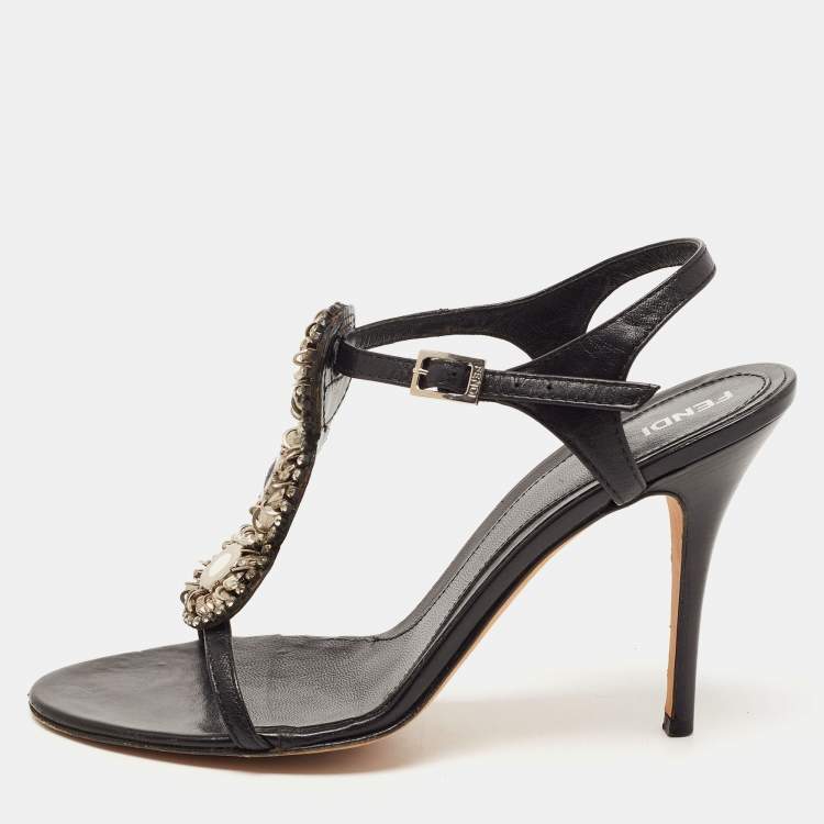 مملوكة مسبقًا Fendi Black Leather Crystal Embellished Ankle Strap Sandals Size 38.5