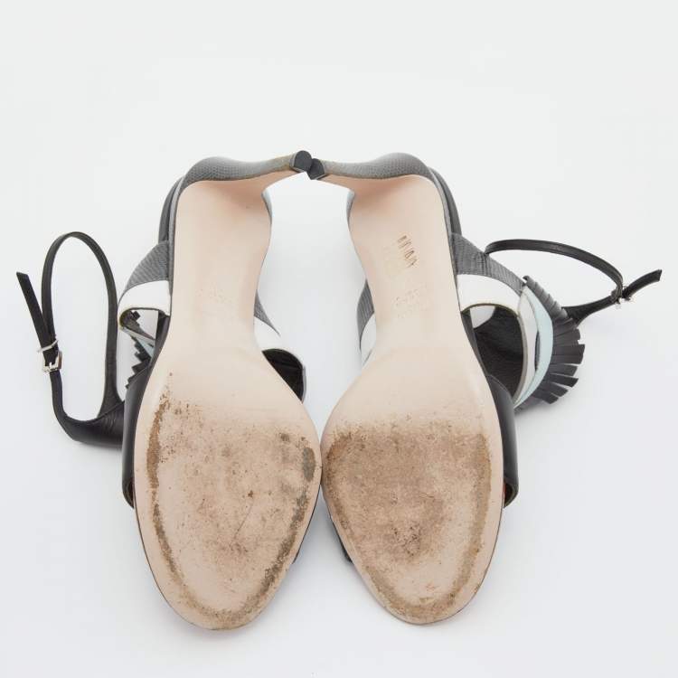 Pre Owned Fendi Tricolor Leather and Embossed Lizard Monster Eye Ankle Strap Sandals Size 39