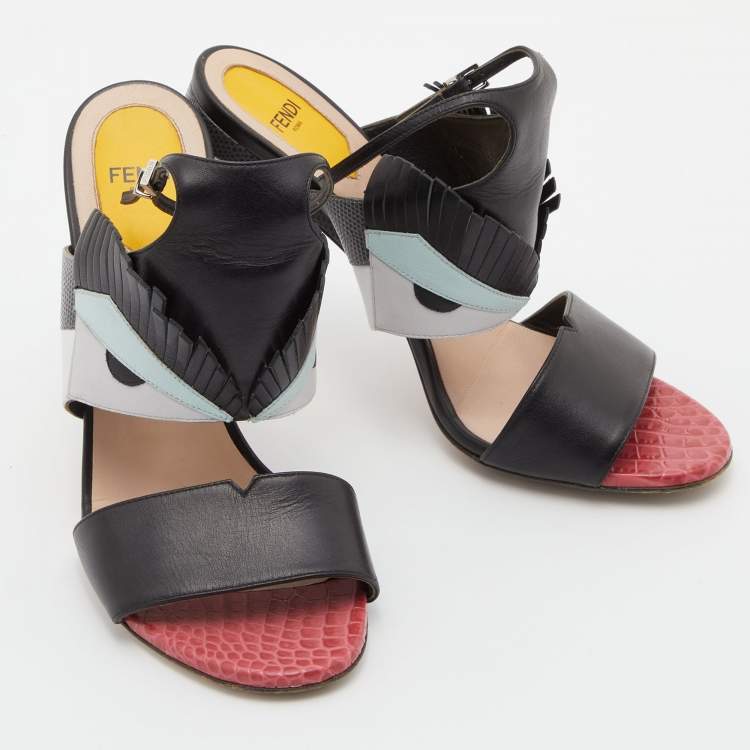 Pre Owned Fendi Tricolor Leather and Embossed Lizard Monster Eye Ankle Strap Sandals Size 39