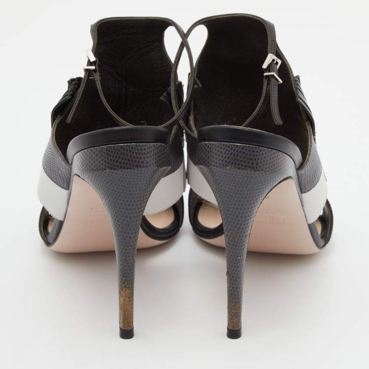 Pre Owned Fendi Tricolor Leather and Embossed Lizard Monster Eye Ankle Strap Sandals Size 39