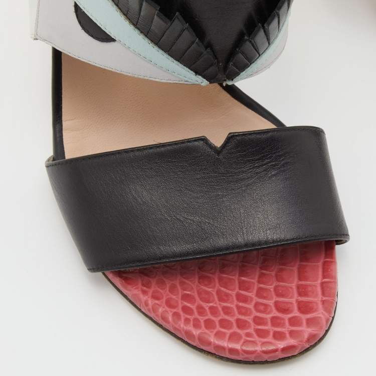 Pre Owned Fendi Tricolor Leather and Embossed Lizard Monster Eye Ankle Strap Sandals Size 39