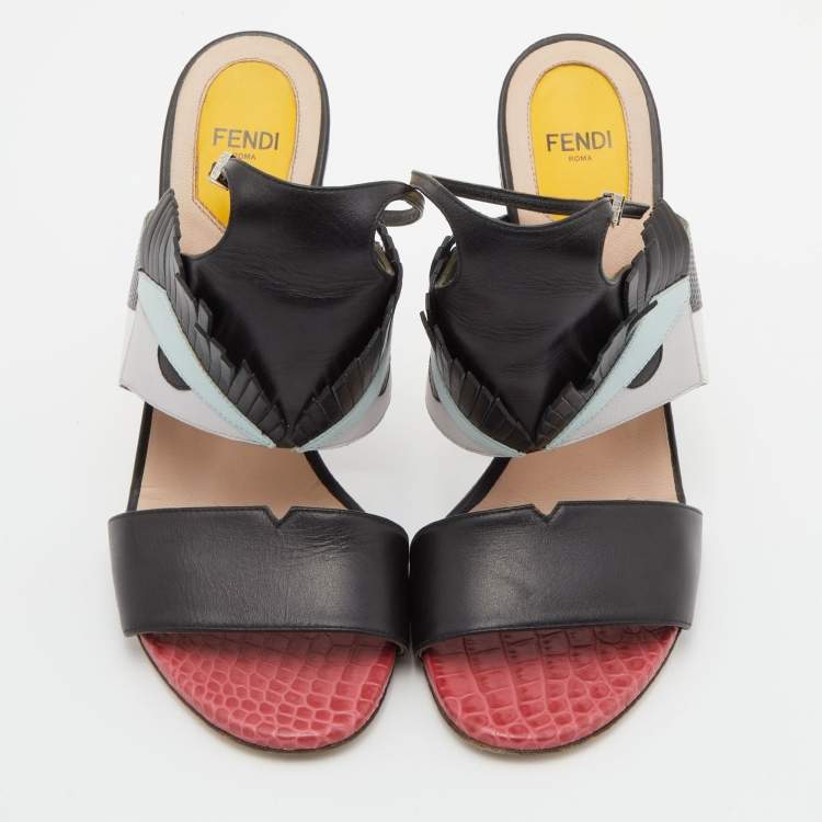 Pre Owned Fendi Tricolor Leather and Embossed Lizard Monster Eye Ankle Strap Sandals Size 39