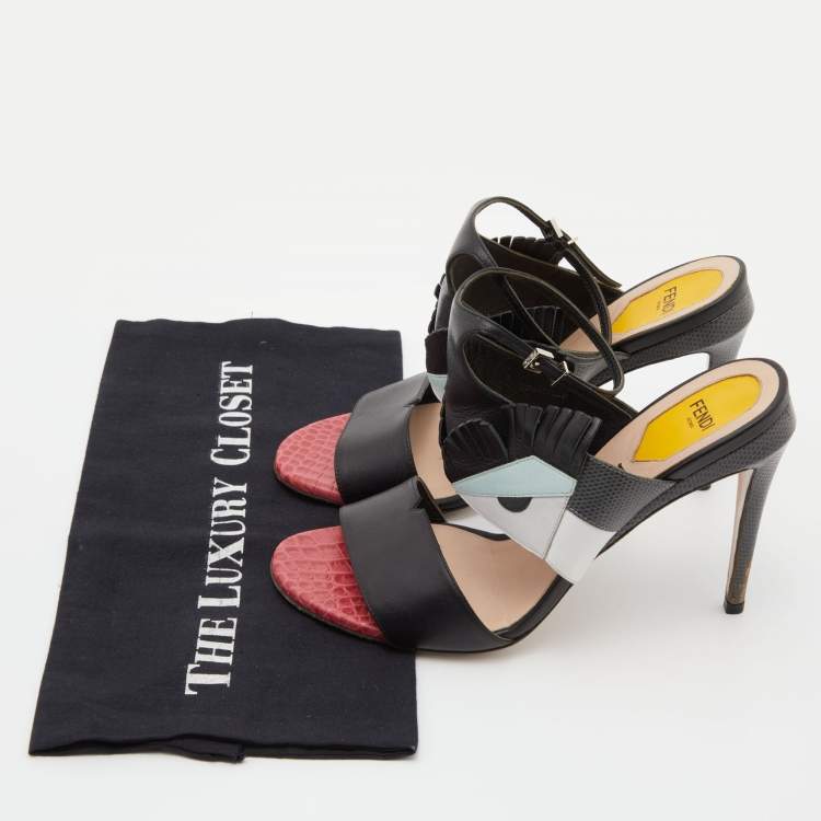 Pre Owned Fendi Tricolor Leather and Embossed Lizard Monster Eye Ankle Strap Sandals Size 39