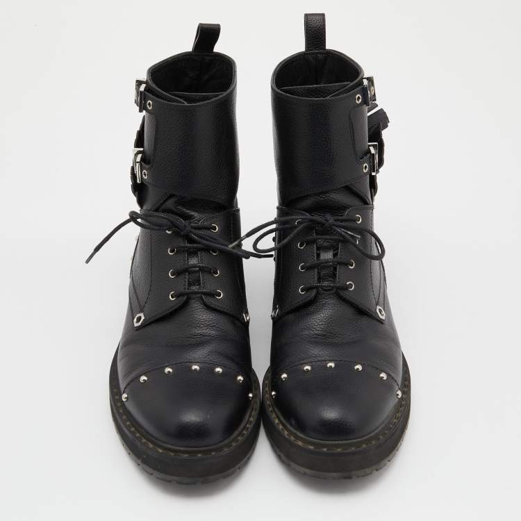 Pre Owned Fendi Black Leather Embellished Buckle Ankle Boots Size 39