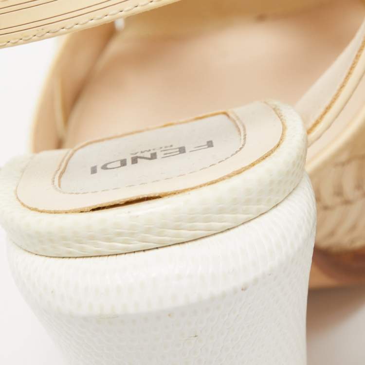 Pre Owned Fendi Cream/White Laser Cut Leather Block Heel Sandals Size 39