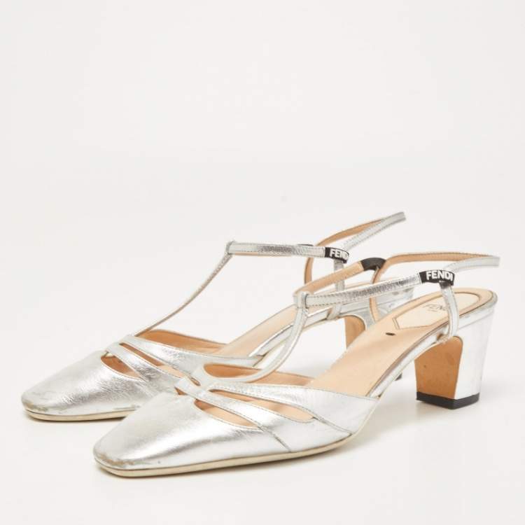 Pre Owned Fendi Silver Leather T-Strap Pumps Size 36