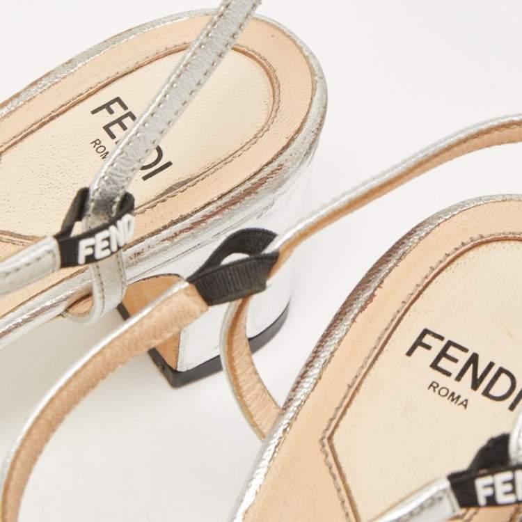 Pre Owned Fendi Silver Leather T-Strap Pumps Size 36