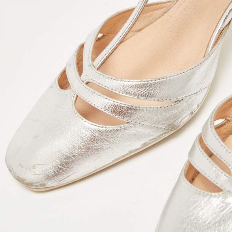 Pre Owned Fendi Silver Leather T-Strap Pumps Size 36