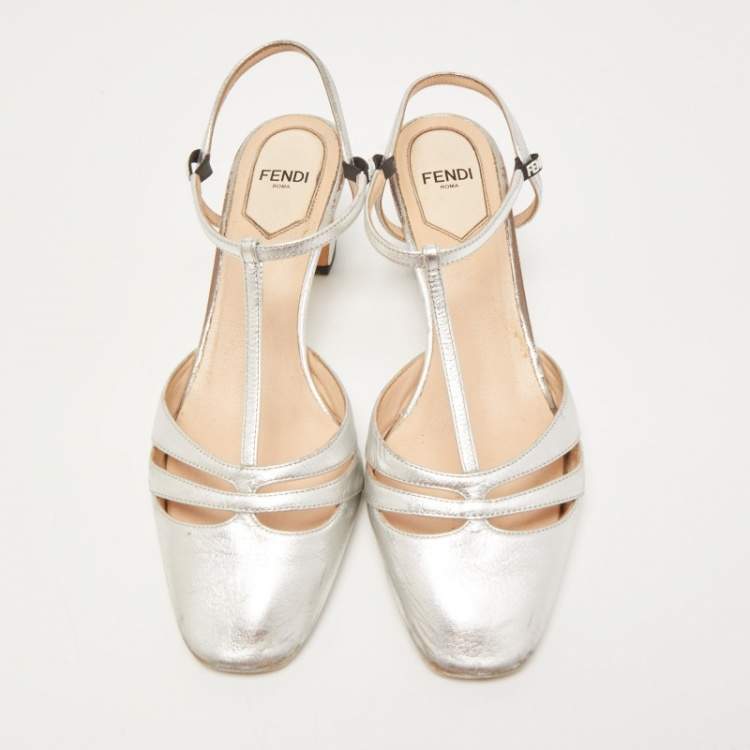 Pre Owned Fendi Silver Leather T-Strap Pumps Size 36