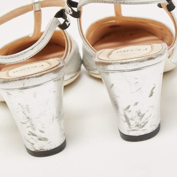 Pre Owned Fendi Silver Leather T-Strap Pumps Size 36