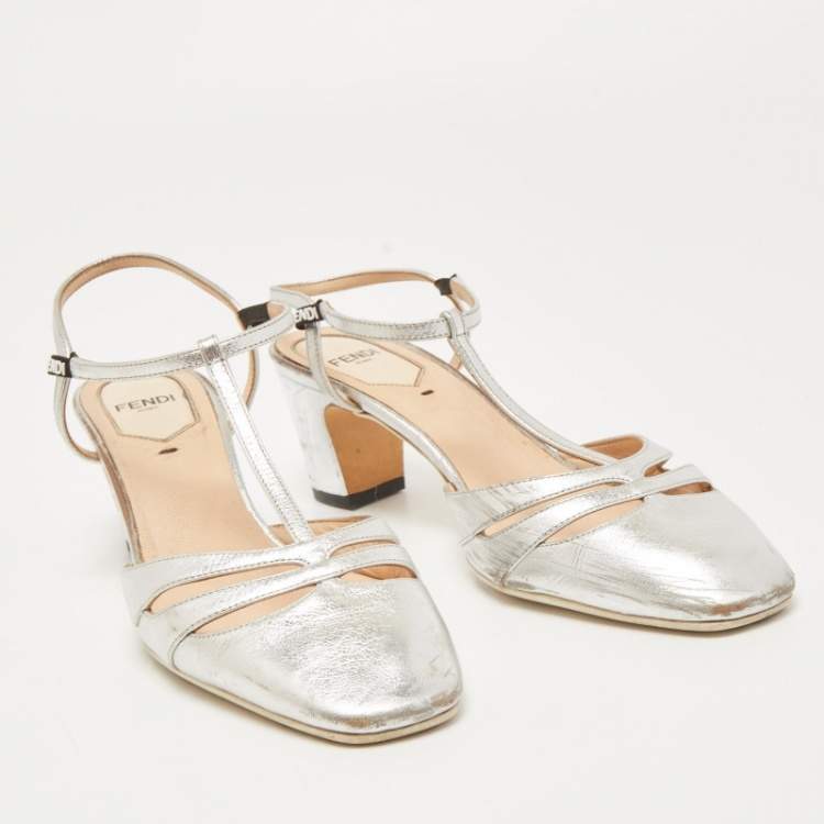 Pre Owned Fendi Silver Leather T-Strap Pumps Size 36