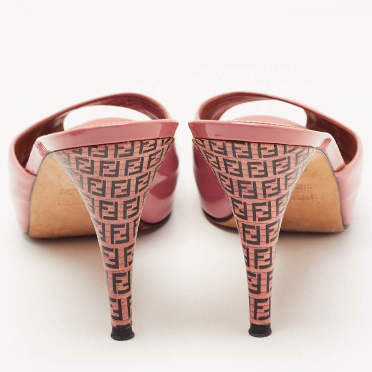 Pre Owned Fendi Pink Patent Leather Peep Toe Zucca Heel Slide Sandals Size 39