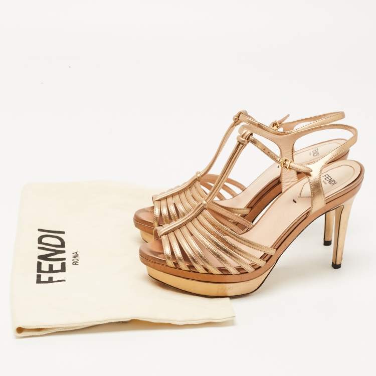 Pre Owned Fendi Metallic Leather T-Bar Platform Strappy Sandals Size 37