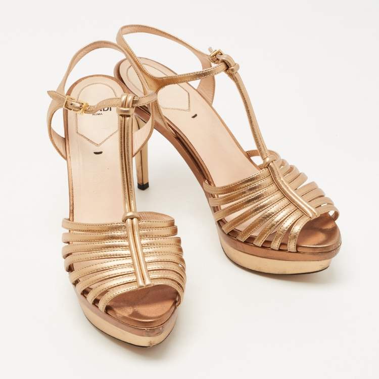 Pre Owned Fendi Metallic Leather T-Bar Platform Strappy Sandals Size 37