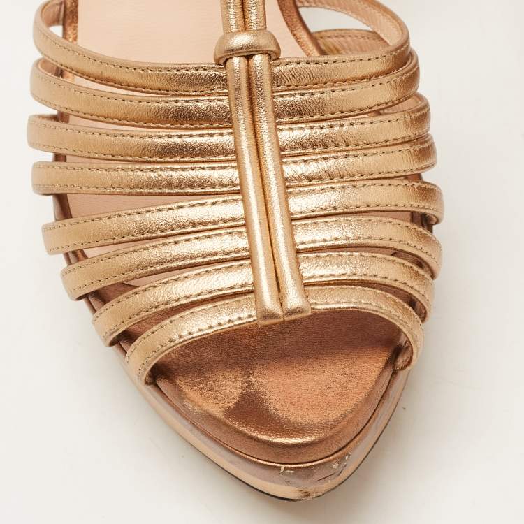 Pre Owned Fendi Metallic Leather T-Bar Platform Strappy Sandals Size 37