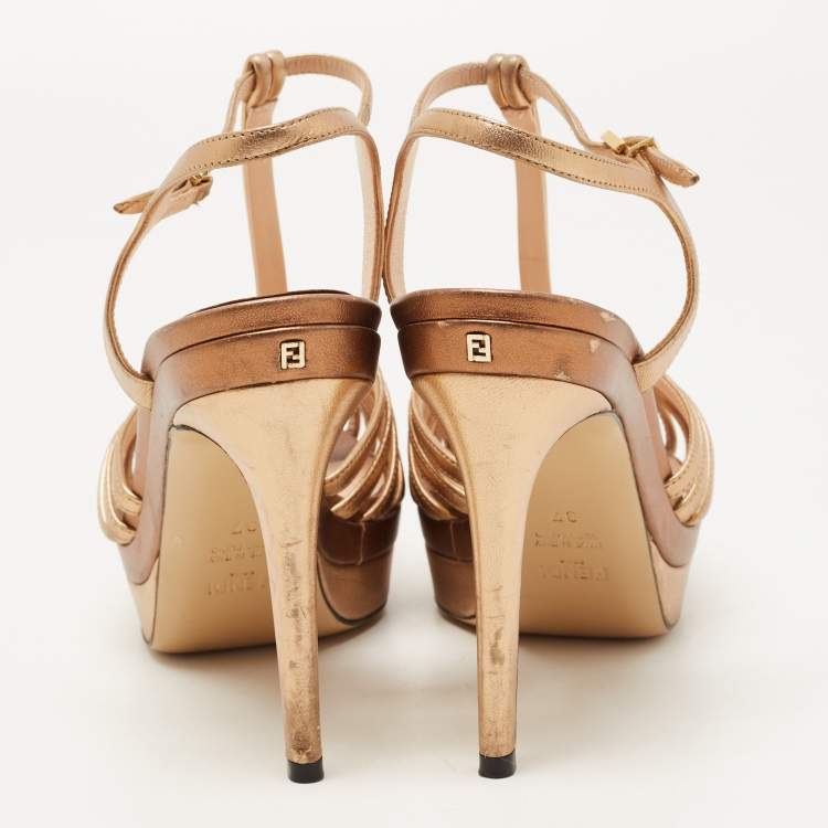 Pre Owned Fendi Metallic Leather T-Bar Platform Strappy Sandals Size 37
