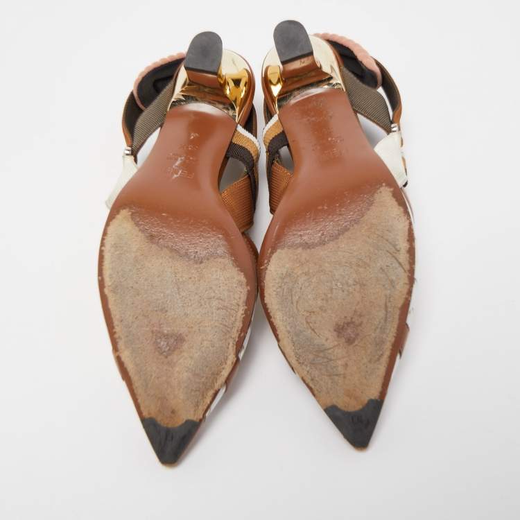 Pre Owned Fendi Brown Leather and Zucca PVC Colibri Slingback Pumps Size 36.5