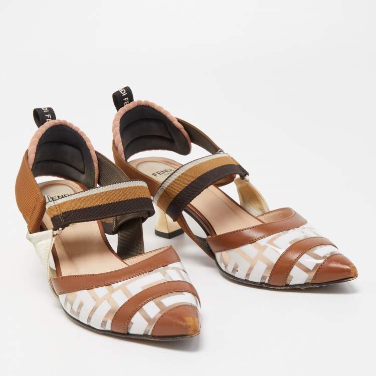 Pre Owned Fendi Brown Leather and Zucca PVC Colibri Slingback Pumps Size 36.5
