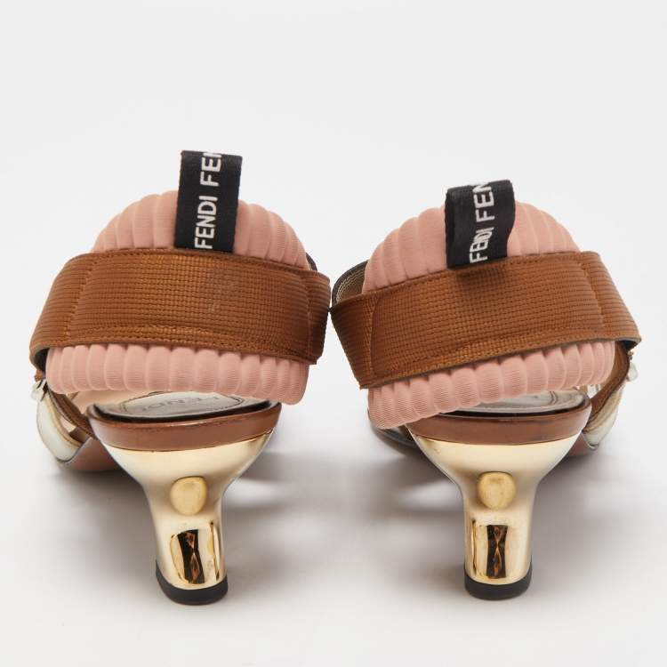 Pre Owned Fendi Brown Leather and Zucca PVC Colibri Slingback Pumps Size 36.5