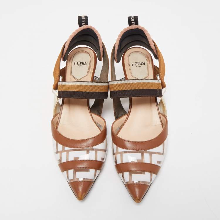 Pre Owned Fendi Brown Leather and Zucca PVC Colibri Slingback Pumps Size 36.5