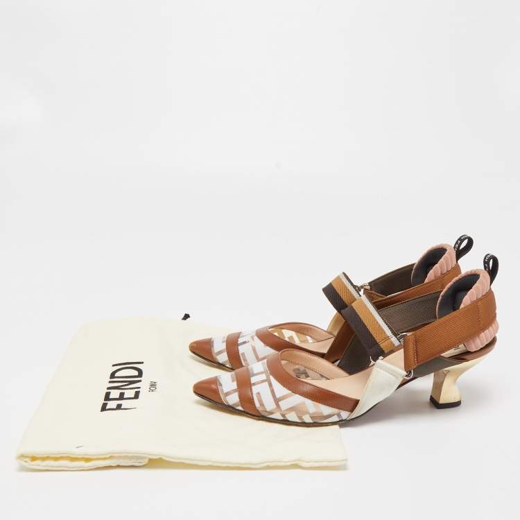 Pre Owned Fendi Brown Leather and Zucca PVC Colibri Slingback Pumps Size 36.5