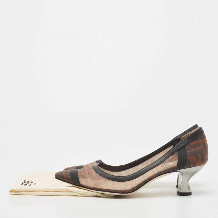 Pre Owned Fendi Brown/Black Zucca Mesh And Leather Colibri Pointed Toe Pumps Size 39.5