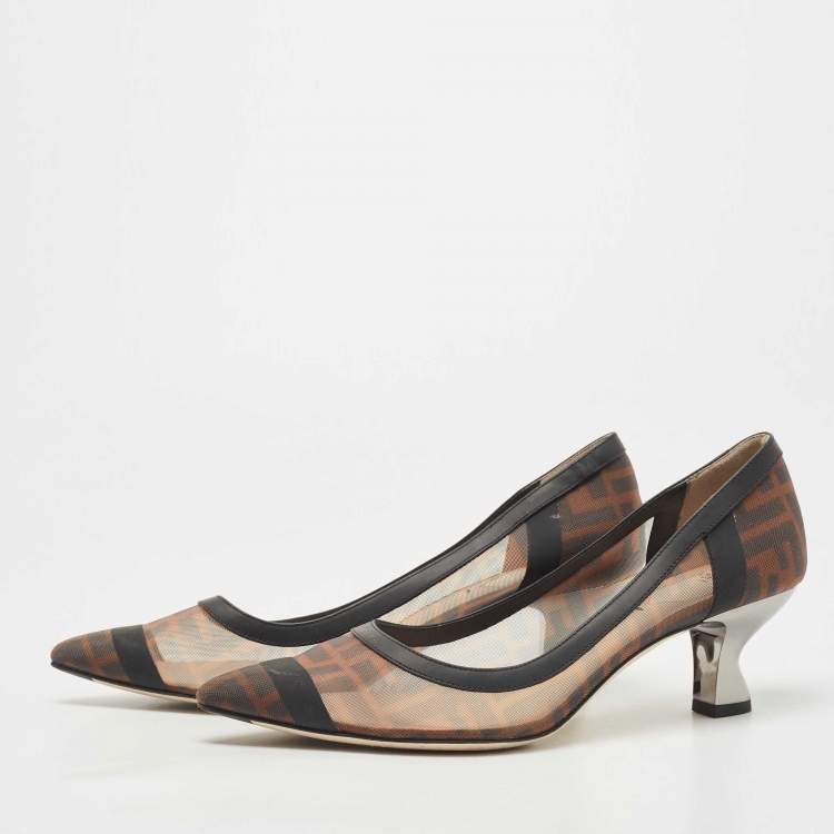 Pre Owned Fendi Brown/Black Zucca Mesh And Leather Colibri Pointed Toe Pumps Size 39.5