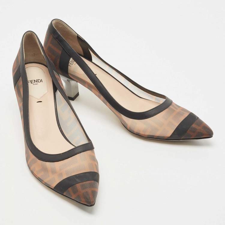 Pre Owned Fendi Brown/Black Zucca Mesh And Leather Colibri Pointed Toe Pumps Size 39.5