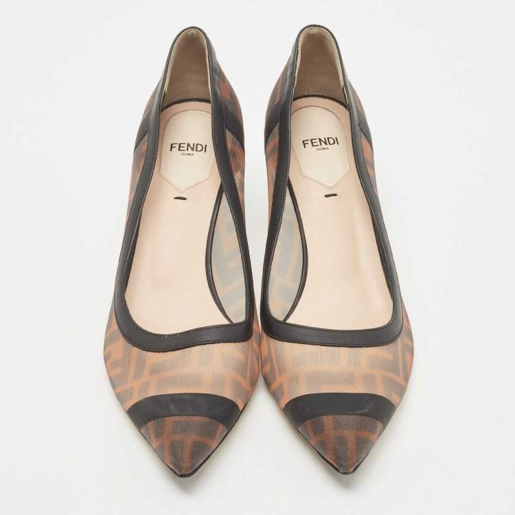 Pre Owned Fendi Brown/Black Zucca Mesh And Leather Colibri Pointed Toe Pumps Size 39.5