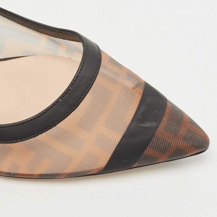 Pre Owned Fendi Brown/Black Zucca Mesh And Leather Colibri Pointed Toe Pumps Size 39.5