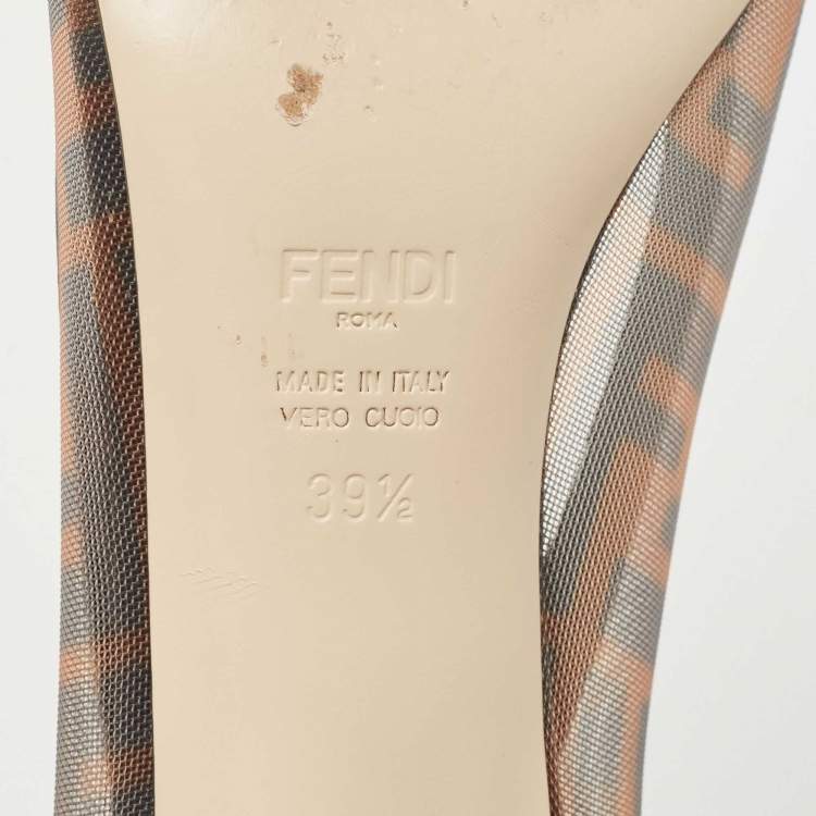 Pre Owned Fendi Brown/Black Zucca Mesh And Leather Colibri Pointed Toe Pumps Size 39.5