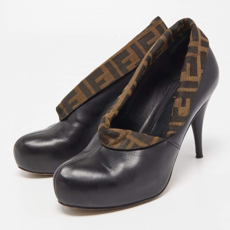 Pre Owned Fendi Black/Brown Leather and Zucca Canvas Envelope Ankle Booties Size 37