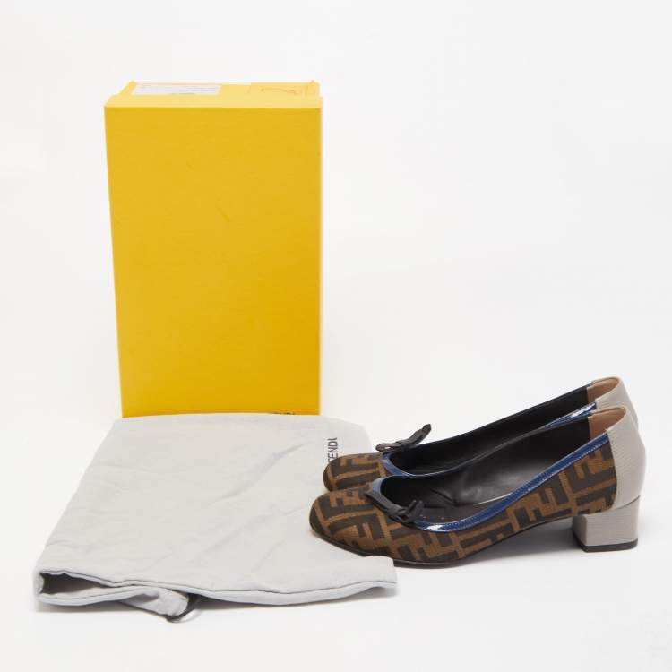 Pre Owned Fendi Brown Tobacco Zucca Canvas And Lizard Embossed Leather Bow Block Heel Pumps Size 38