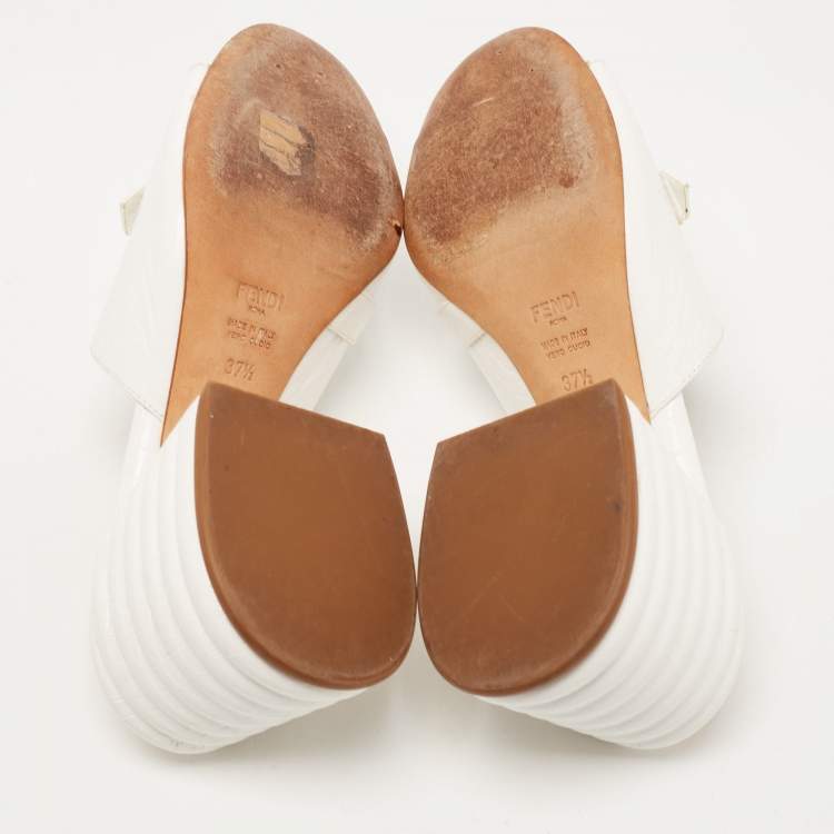 Pre Owned Fendi White Croc Embossed Leather Block Heel Slide Sandals Size 37.5