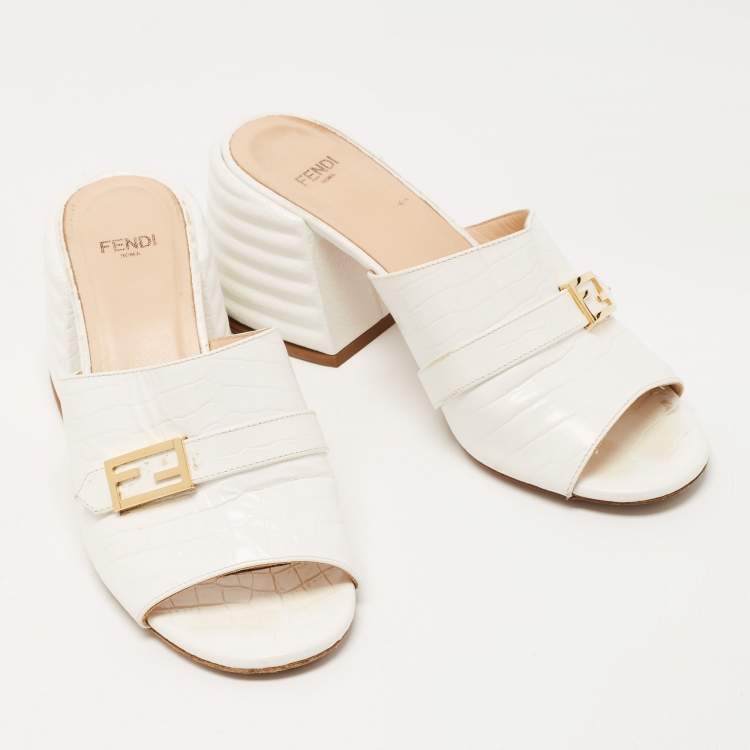 Pre Owned Fendi White Croc Embossed Leather Block Heel Slide Sandals Size 37.5