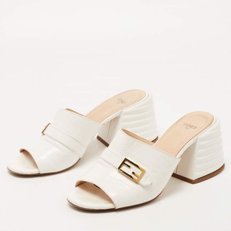 Pre Owned Fendi White Croc Embossed Leather Block Heel Slide Sandals Size 37.5