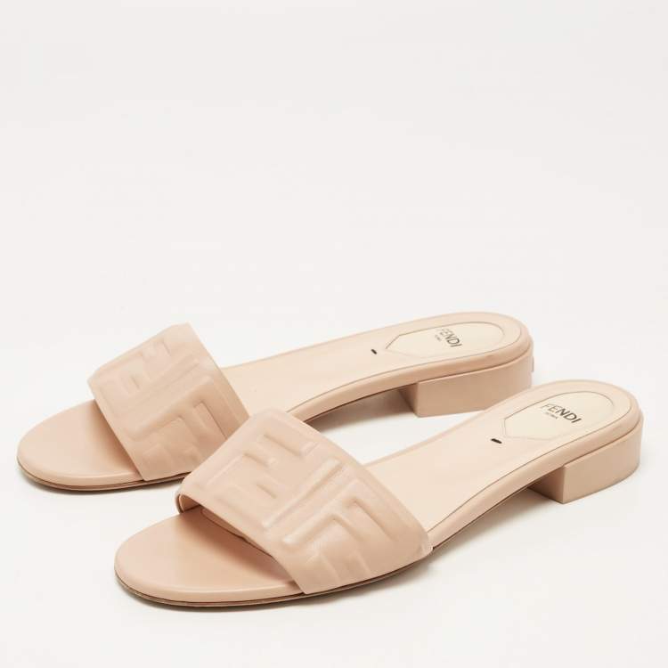 Pre Owned Fendi Beige Leather FF Flat Slides Size 39