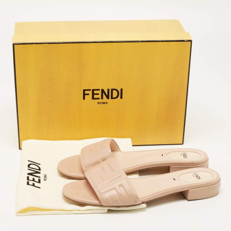 Pre Owned Fendi Beige Leather FF Flat Slides Size 39