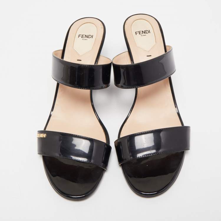 Pre Owned Fendi Black Patent Leather Wedge Slide Sandals Size 41