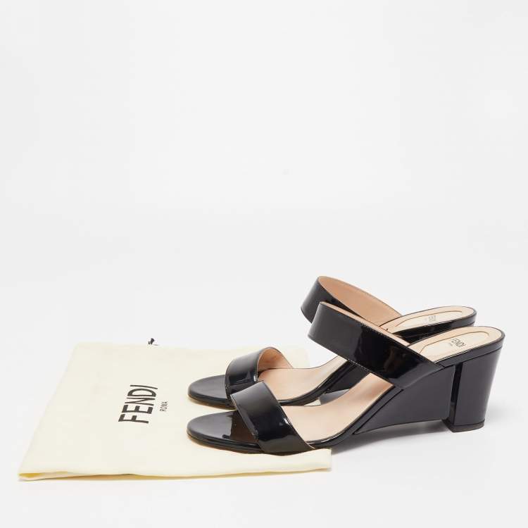 Pre Owned Fendi Black Patent Leather Wedge Slide Sandals Size 41