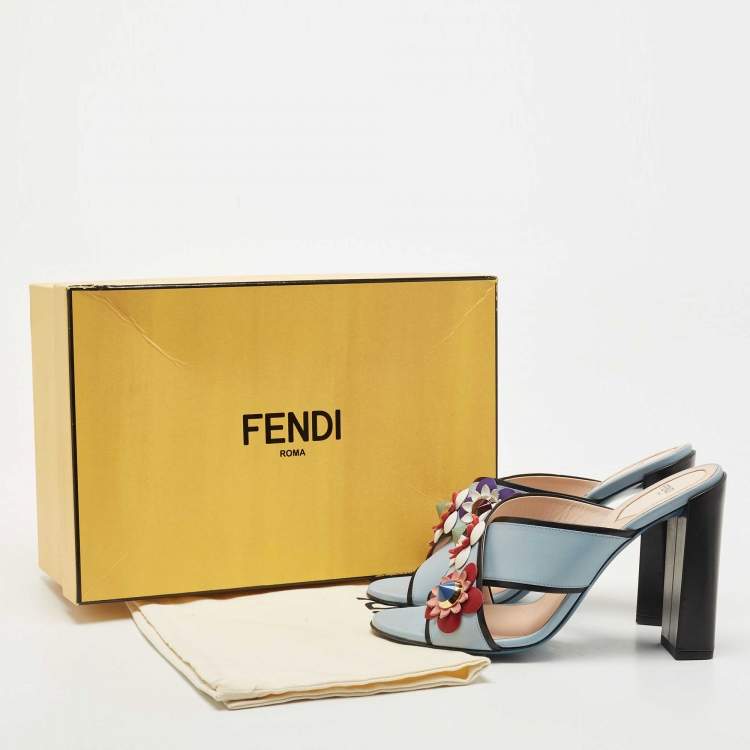 Pre Owned Fendi Blue Leather Flowerland  Block Heel Slide Sandals Size 39