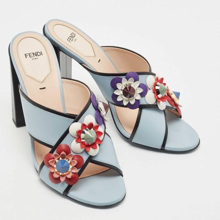 Pre Owned Fendi Blue Leather Flowerland  Block Heel Slide Sandals Size 39