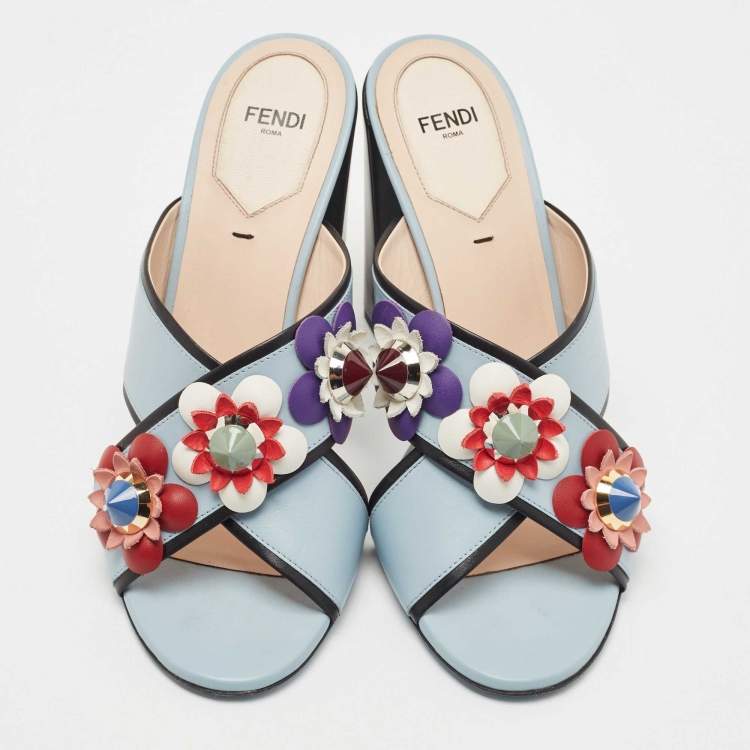 Pre Owned Fendi Blue Leather Flowerland  Block Heel Slide Sandals Size 39