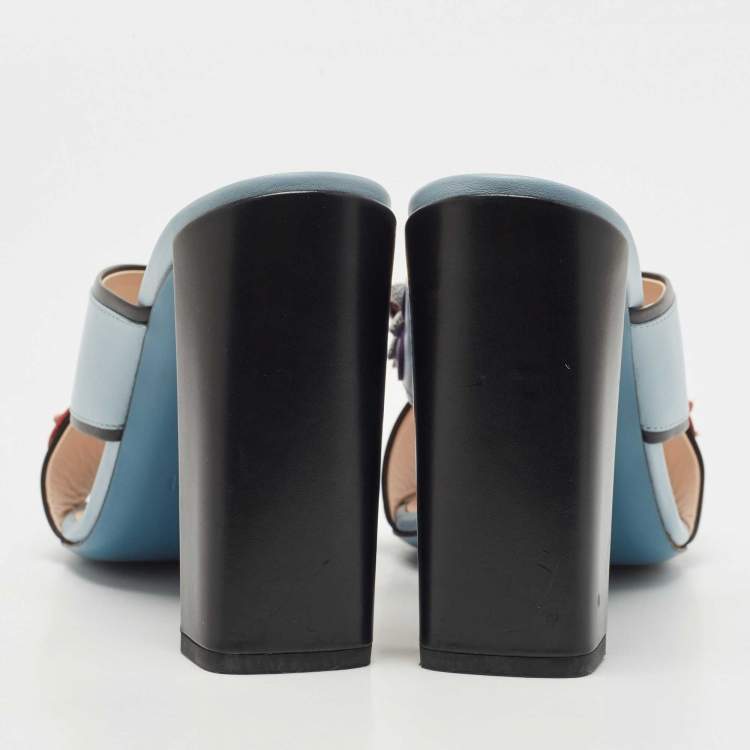 Pre Owned Fendi Blue Leather Flowerland  Block Heel Slide Sandals Size 39