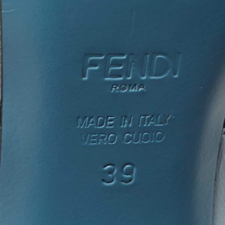 Pre Owned Fendi Blue Leather Flowerland  Block Heel Slide Sandals Size 39