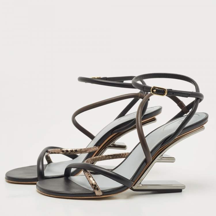 Pre Owned Fendi  Tri Color Leather and Watersnake Leaather Firts F Strappy Sandals Size 41