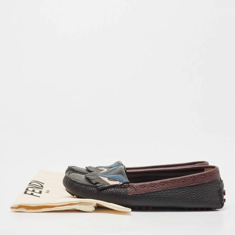 Pre Owned Fendi Black/Burgundy Leather Monster Eye Loafers Size 40