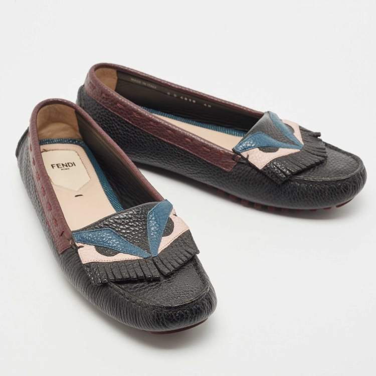 Pre Owned Fendi Black/Burgundy Leather Monster Eye Loafers Size 40